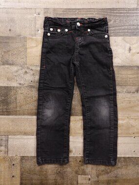 True Religion Ricky Relaxed Straight Jeans‎ Kids Size 6 Black Red Stitch Denim